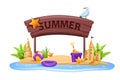 3D beach sign post, summer board vacation travel vector frame, exotic star fish, sand castle, gull. Royalty Free Stock Photo