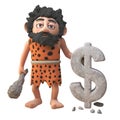 3d bearded cartoon caveman character has carved a US dollar currency symbol in stone, 3d illustration