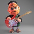3d Bearded Scottish Man In Kilt Playing An Electric Guitar, 3d Illustration