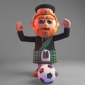 3d bearded Scottish man in kilt playing football, 3d illustration