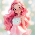 3D beautiful girl long hair long in pink skirt generative AI