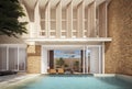 3D. Beautiful and modern poolside relaxation zone design for vacation