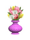 3D beautiful vase and tulip flowers on white background Royalty Free Stock Photo