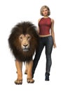 3D beautiful woman in contemporary style clothing standing next to an adult male lion