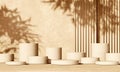 3D beige concrete podium display with lights and plants shadows