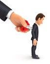 3d big hand turning wind up key on businessman back