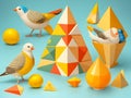 3D Birds. Eco-Agri Geometric Elegance. Minimal Natural Fruit Flower Shapes.