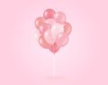 3D birthday balloons. Holiday party render pink helium spheres bunch. Minimal pastel event banner with gift. Realistic