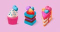 3d birthday cake. Cupcake glossy icon, valentine day sweet realistic dessert, confectionery for anniversary. Tasty sweet