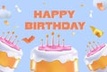 3D Birthday cake vector background design. Happy birthday greeting text with yummy cake element decoration kids party Royalty Free Stock Photo