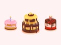 3d birthday cakes. Glazing realistic cake with candles for present anniversary celebrate, cupcake pastry dessert sweet