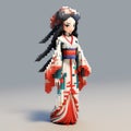 3d 8 Bit Pixel Cartoon Of Ava In Kimono - Full Body