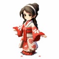 3d 8 Bit Pixel Cartoon Of Ava In Kimono - Full Body