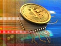 3d bitcoin with cpu orange Royalty Free Stock Photo