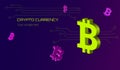 3d bitcoin cryptocurrency sign on a purple background with a microcircuit