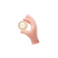 3D bitcoin holding icon on isolate white background, closeup cartoon hand hold cryptocurrency coin, bitcoin trading and mining Royalty Free Stock Photo