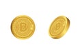 3D bitcoin isolated on white background in front and side view. Bitcoin, crypto currency, defi decentralized finance concept. For