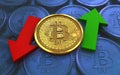 3d bitcoin up and down arrows Royalty Free Stock Photo