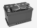 3D black car battery with gray handles and gray terminals on white