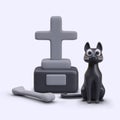 3D black cat, bone, grave with cross. Halloween vector concept