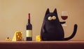 3d black cat holding glass of red wine. Cheese and cherries on the table Royalty Free Stock Photo