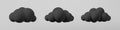 3d black clouds set isolated on a grey background. Render soft cartoon fluffy black clouds icon, dark dust or smoke. 3d