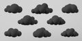 3d black clouds set isolated on a grey background. Render soft cartoon fluffy black clouds icon, dark dust or smoke. 3d