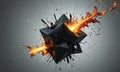 3D black cube-like object with triangular shape, surrounded by orange and yellow sparks, against gray