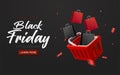 3d black friday banner template with CTA button. Red shopping basket with black shopping bags icon. Voucher or coupon Royalty Free Stock Photo