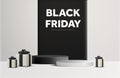 3d black friday banner template in mininal style. Online shopping promotion advertising. Gift box, podium and backdrop