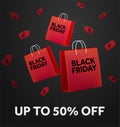 3d black friday shopping bag icon in different view. Price tags or precentage coupons as background. Big sale event Royalty Free Stock Photo