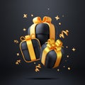 3D Black Gift Boxes with Gold Bow and Confetti Royalty Free Stock Photo