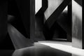 A 3D black interior with sharp, angular forms and a matte finish. The deep shadows and geometric
