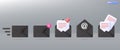 3d black mail envelope icon set symbol. Render email notification with letters, check mark, paper plane icons. communication Royalty Free Stock Photo