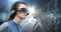 3D black male AI facing woman in VR with flare in between against servers Royalty Free Stock Photo