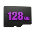 3D Black Micro SD Card With 128 GB Capacity in Purple on White Background micro SD card Royalty Free Stock Photo