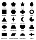 2D black shapes set with vocabulary in english with their name. clip art collection for child learning, geometric shapes flash