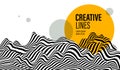 3D black and white lines in perspective with yellow circle splat abstract vector background, linear perspective terrain pattern op