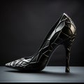 Chromatic Sculptural Slabs: Black Leather Stiletto Shoe On Dark Background