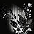 3d Black and white striped floral tropical vector pattern background illustration with shades and shadows. Blossom flowers, leaves Royalty Free Stock Photo