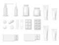 3d blank pharmaceutical packs: blister of pill and capsules, tube, container for tablet, bottle for drugs isolated on white