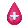 3D blood drop icon, vector medical donor abstract badge, healthcare hospital sign, white cross. Royalty Free Stock Photo