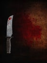 3D bloody knife on a bloodstained grunge background