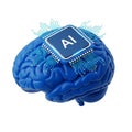 3D Blue Brain with AI Chip and Circuitry on White Background artificial intelligence Royalty Free Stock Photo