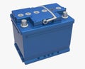 3D blue car battery with gray handle and gray terminals on white