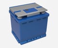 3D blue car battery with gray terminals on white