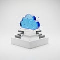 3D Blue Cloud Icon with Digital Data Particles on a Pedestal technology Royalty Free Stock Photo