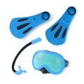 3d Blue Diving Mask, Snorkel and Fins Set Cartoon Style. Vector