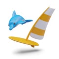 3D blue dolphin, yellow board with sail. Windsurfing concept