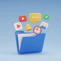 3D Blue Folder with Floating Digital Icons for Apps and Notifications image photo Royalty Free Stock Photo